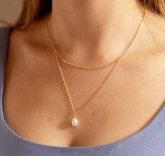 Pearl Drop necklace, Two Layer Chain necklace, Brass 22k gold plated, Handmade jewelry